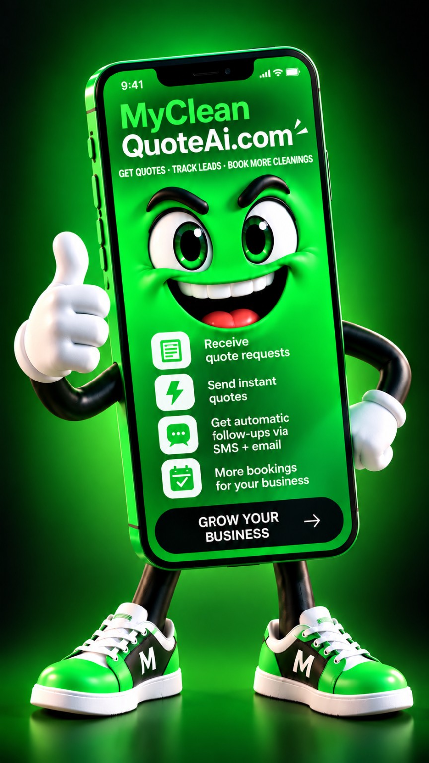 MyCleanQuote AI character explaining quote requests, instant quotes and automated follow-up