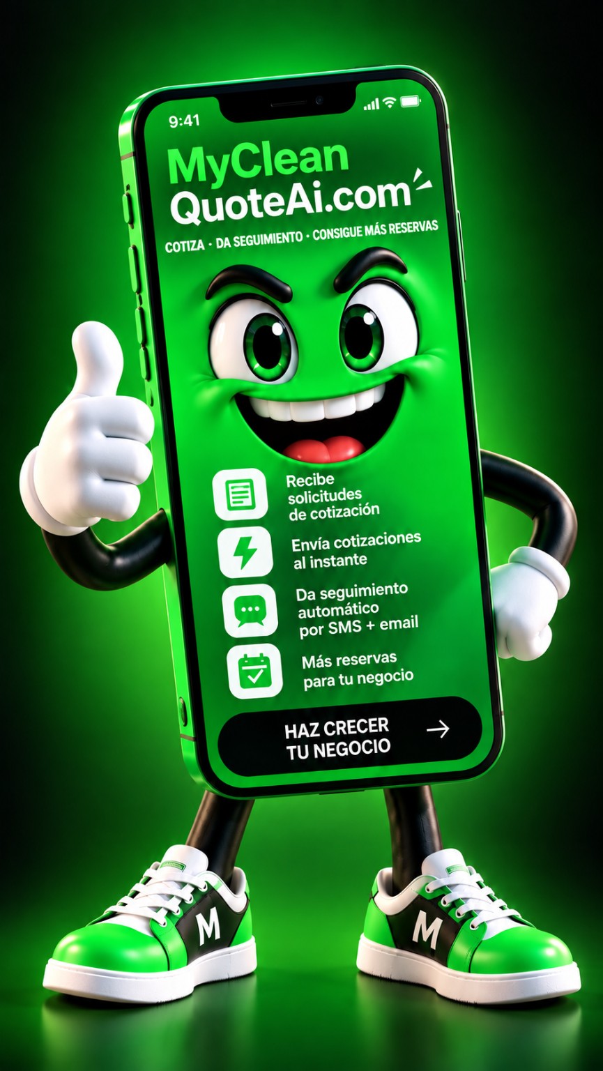 Personaje de MyCleanQuote AI explicando solicitudes de cotización, cotizaciones instantáneas y seguimiento automático