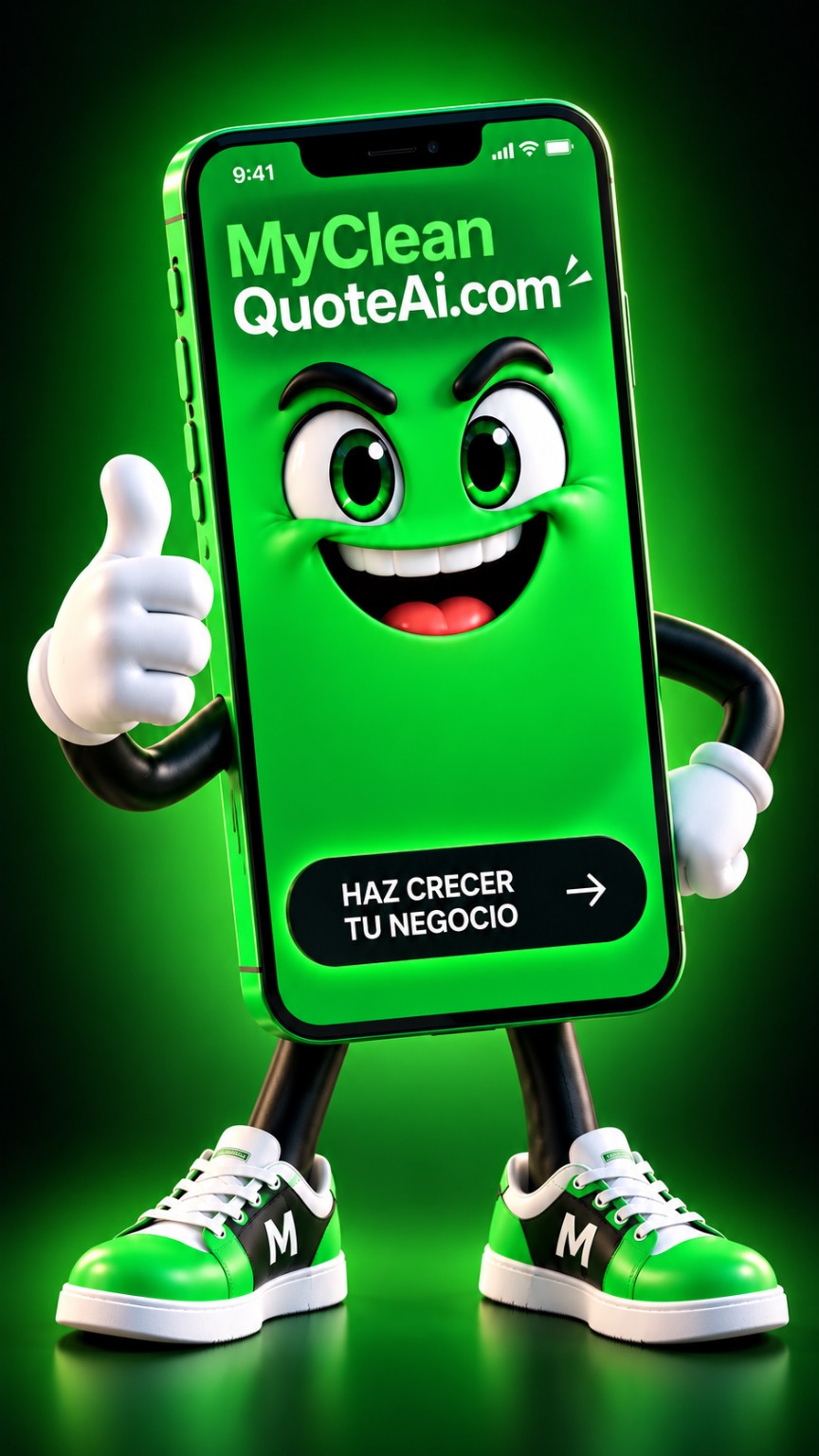 Personaje de MyCleanQuote AI representando cotizaciones instantáneas y seguimiento automático para empresas de limpieza